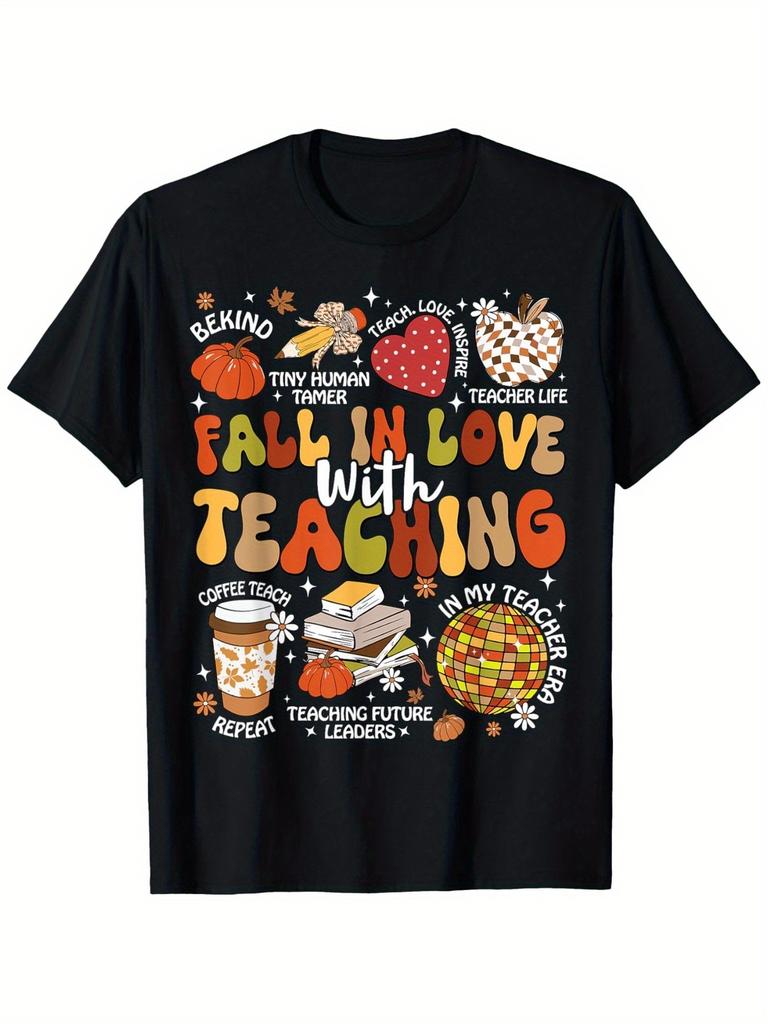 Graphic T-Shirt for Teaching Enthusiasts? Casual Tee for Men, Soft Feel, Featuring Autumn & Thanksgiving Motifs with Pumpkins, Apples & Educational Qu