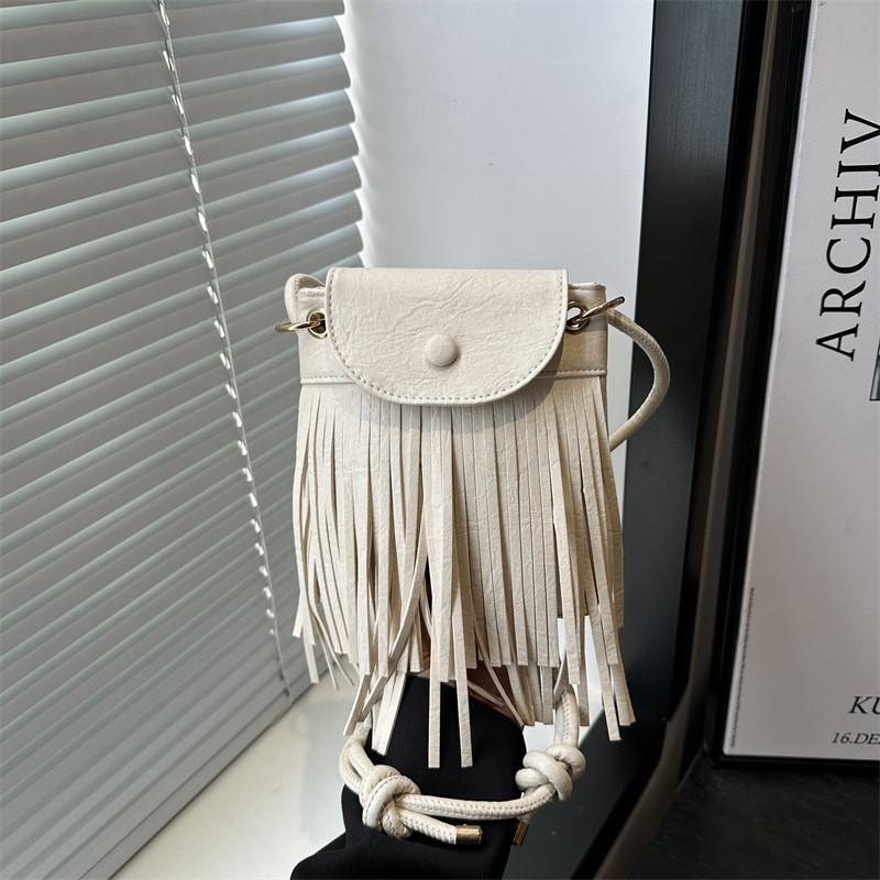 Color Tassel Solid Vintage Pu Water Bucket Handbag Fringe Details Women Fashion
