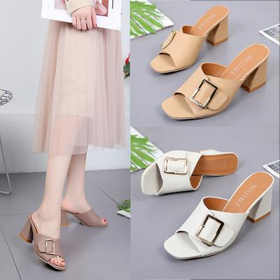 European and American High-heeled Cool Slippers 2024 Belt Buckle One-word Thick Heel Fish Mouth Casual Versatile, Sandals Female Spot