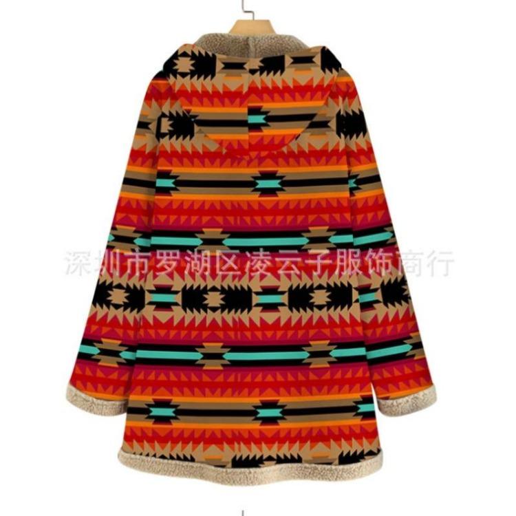 Hooded Jacket Women Plus Size Loose Long Coat Warm Fleece Retro Printed Outwear Pockets