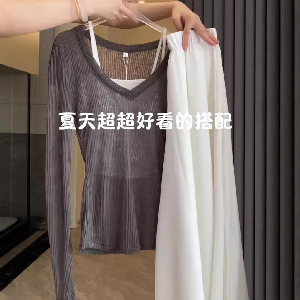 Gestrickte dünne mikrotransparente Sonnenschutzbluse Langarmshirt Frühfrühling sexy großer Ausschnitt schlank und dünn Spice Girl bm