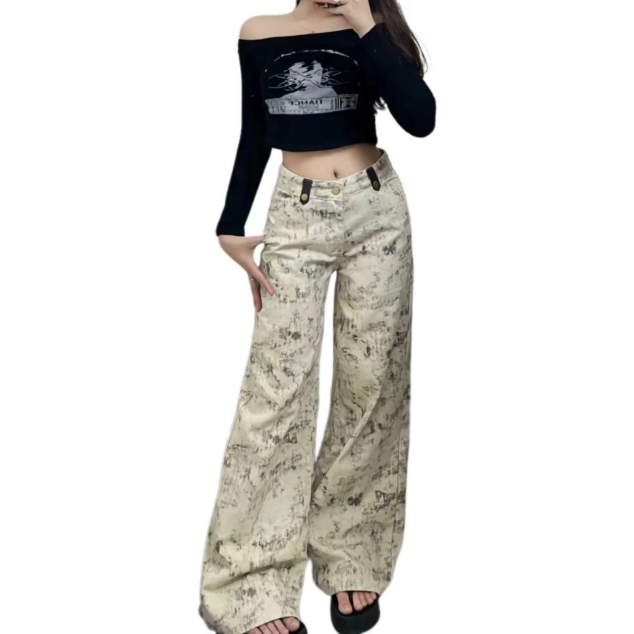 Women s High-Waisted American Retro Tie-Dye Wide-Leg Pants - Autumn Floor-Length Drape Trousers S