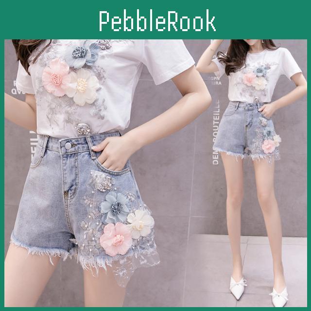 Sparkling Floral Embroidered Short 3d Sleeve Tshirt And Denim Shorts Set For Women