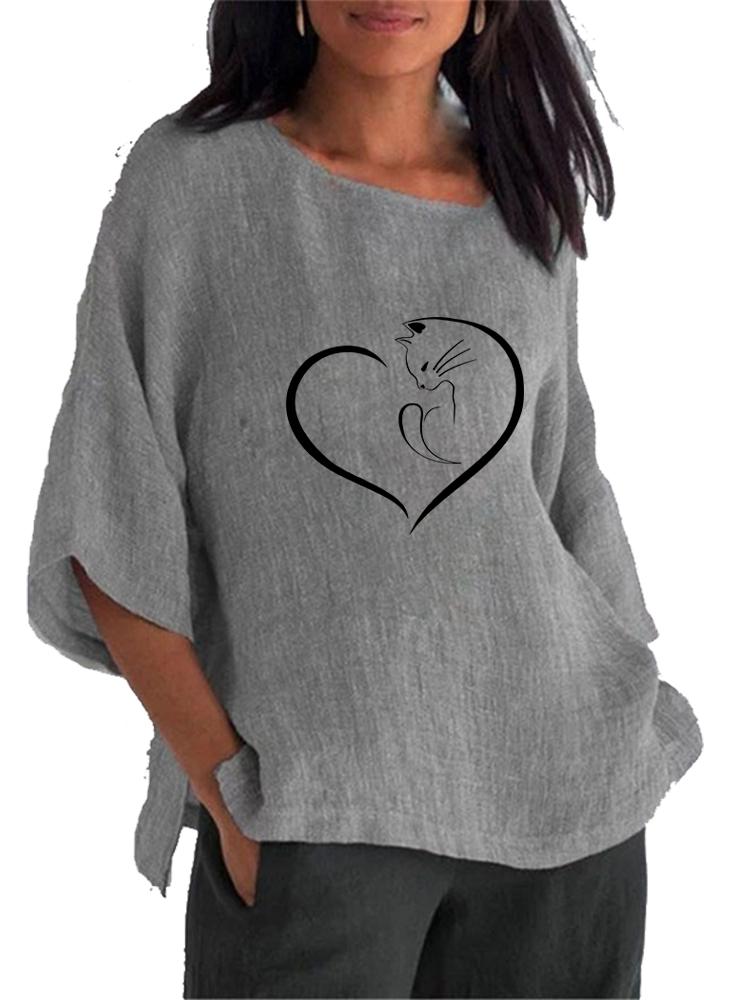 Damenmode Rundhals Print Shirt Frühling&Sommer 3/4 Langarm Top Damen Baumwolle Leinen Bluse