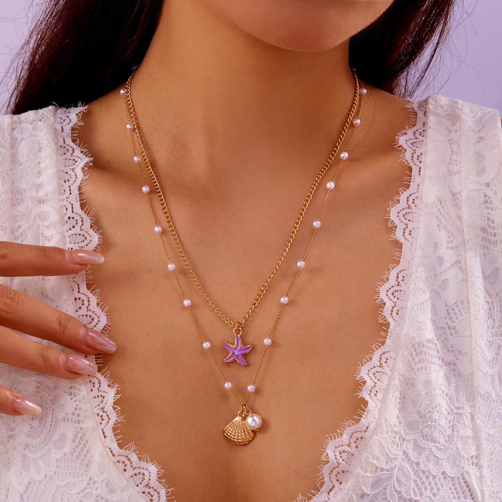 Vintage doppellagige Reiskörner Halskette für Damen Boho Strand Schildkröte Seestern Anhänger Kurzer Choker Halskette Schmuck Zubehör