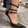 Fashion Metal Thin Heels Sandals Pointed Toe Solid Leather Buckles Straps Sexy Style Stiletto Heels Women Sandals Summer Shoes Designer