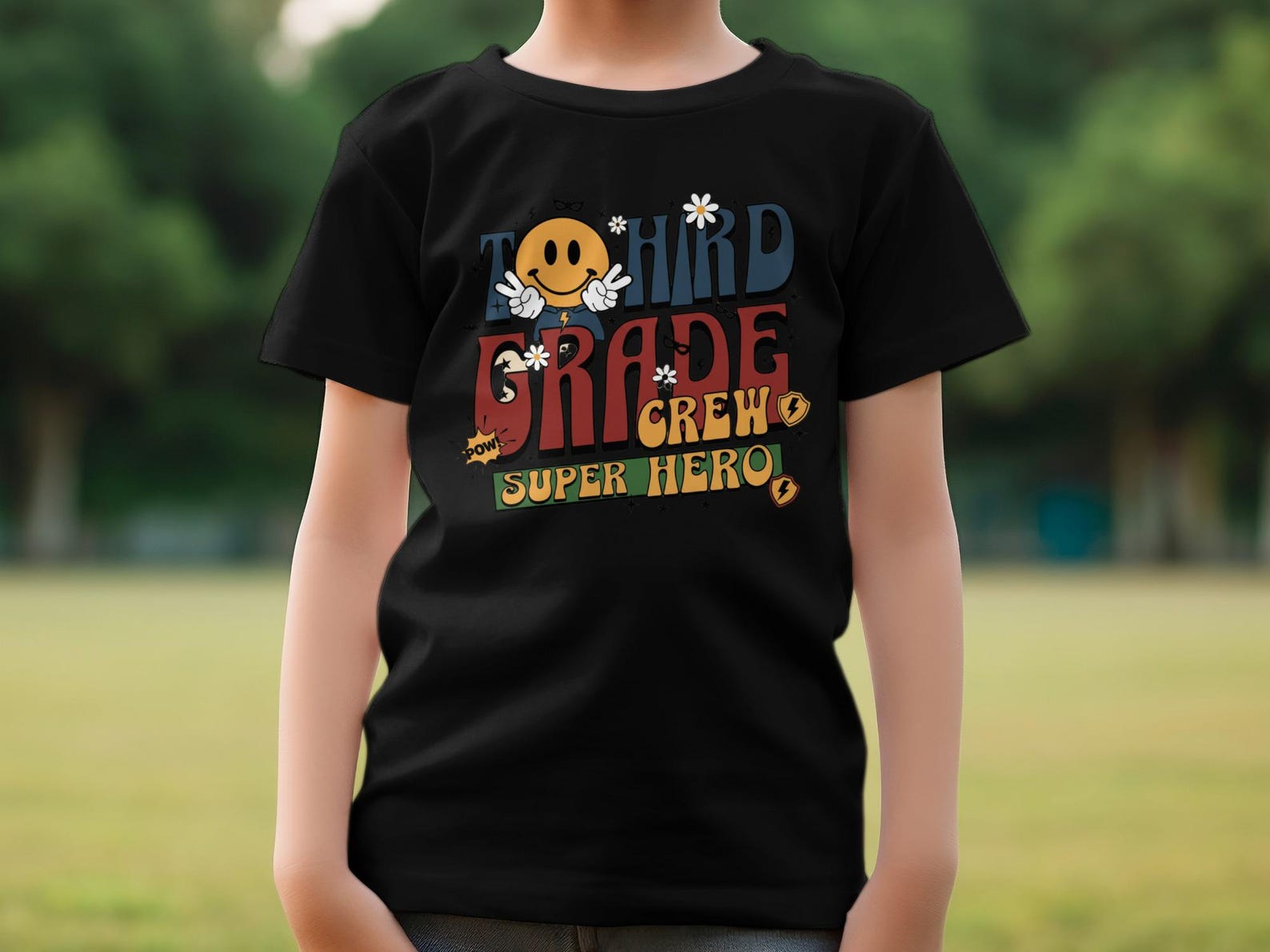 Third Grade Crew Retro Smiley Face Superhero T-Shirt, Groovy Back to School Youth Tee L