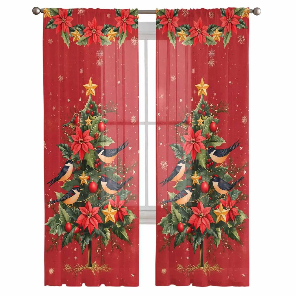 Christmas Winter Plants Flowers Sheer Curtains for Living Room Decoration Window Curtains Kitchen Tulle Voile Curtains