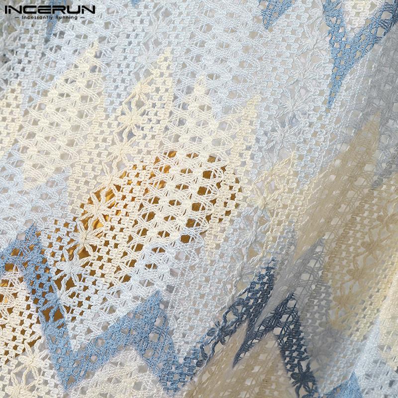 INCERUN Men Lapel Short Sleeve Striped Crochet Hollow Casual Oversized Shirts