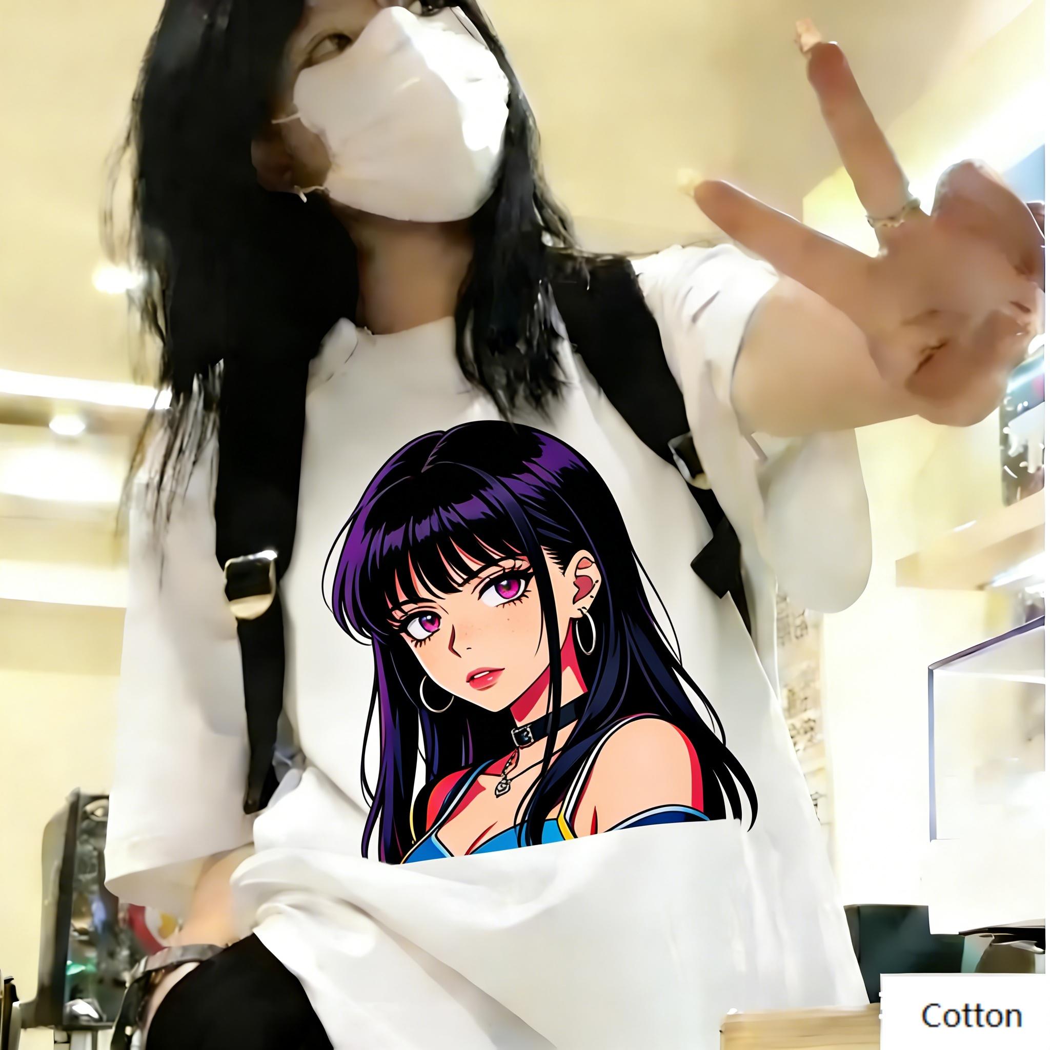 

Oversized White Cotton TShirt with Bold Purple Hair Anime Girl Graphic Loose Fit Unisex Streetwear Tee for Daily and Street S