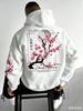 Men Fleece Lined Hoodie Autumn Winter Japanese Cherry Blossom Print Sweatshirt Loose Streetwear Pullover Hooded Top