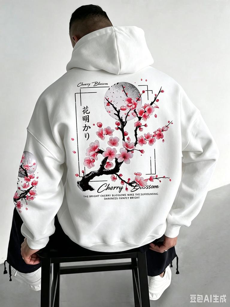 Men Fleece Lined Hoodie Autumn Winter Japanese Cherry Blossom Print Sweatshirt Loose Streetwear Pullover Hooded Top