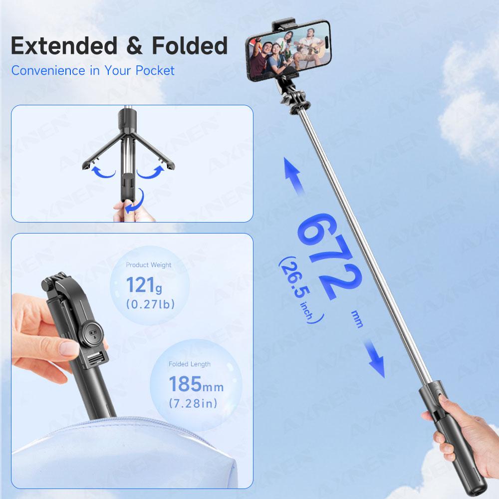 Selfie Stick Tripod with Detachable Bluetooth Remote, 360° Rotation,Extendable Pole, Fill Light Option, for Android Phone