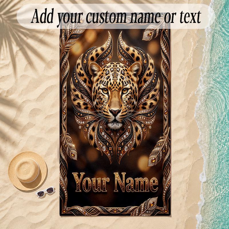 Leopard Theme Soft Beach Towel Personalized Custom Name Text Towel Portable for Beach Pool Travel