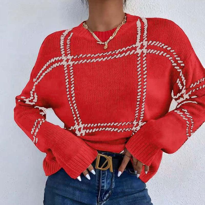 Europäischer & Amerikanischer Karomuster Farbblock Rundhals Pullover Strickware für Damen - Herbst/Winter Stil