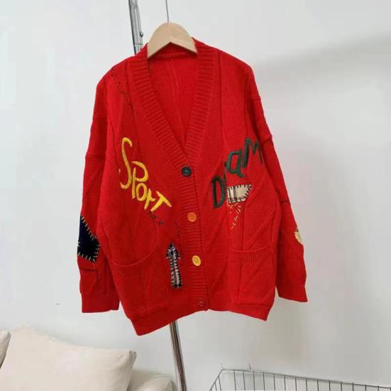 V Neck Long Sleeves Pockets Ribbed Trim Knitted Coat Winter Embroidery Letter Pattern