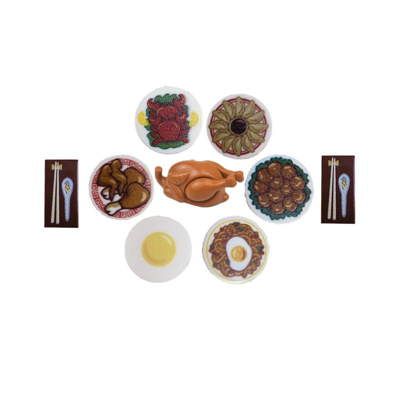 City Food Building Blocks Character Accessories Printing Set Fish Mushroom Fruit Burger Refrigerator Hot Dog Pizza Basin Toy