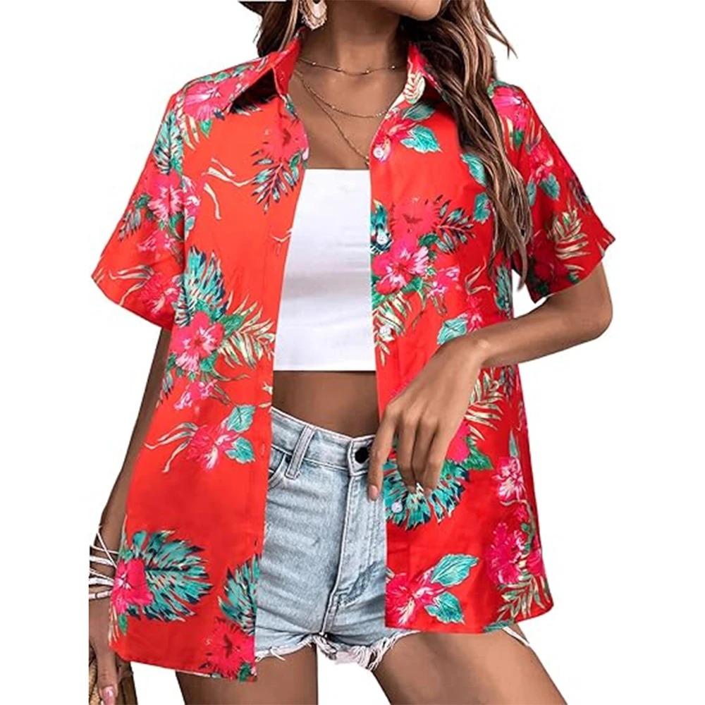 Letnia Moda Koszule z Krótkim Rękawem Damskie Hawajskie Kwiatowe Drukowane 3D Podstawowe Koszule Styl Plażowy Kurort Jednorzędowe Codzienne Koszule