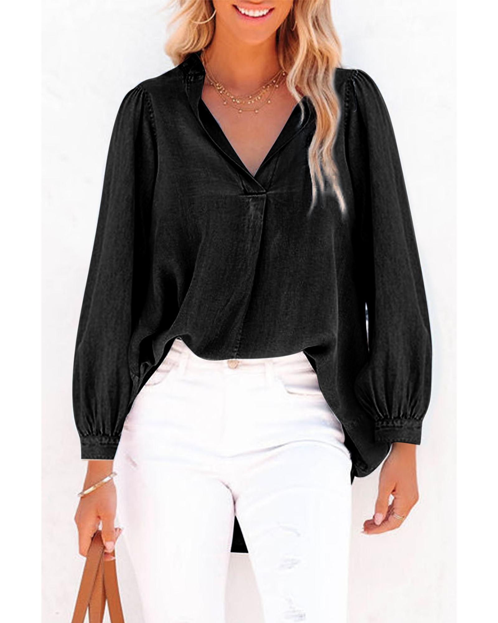 

Azura Exchange Black Split V-Neck Balloon Sleeve Ruched Denim Top 2XL чорний