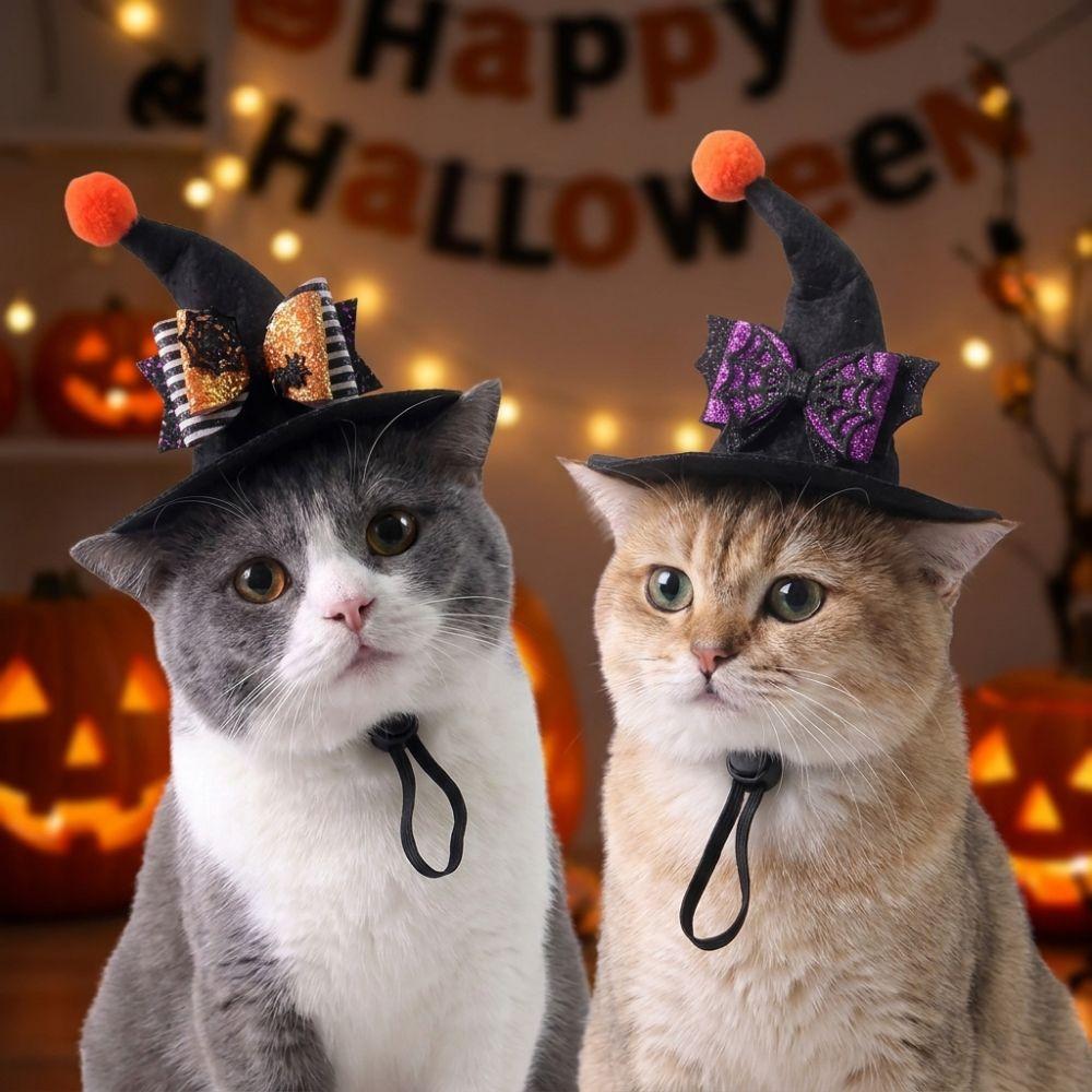 Adjustable Strap Cat Witch Costume Cap Pointed Brim Skeleton Spider Pet Hat Trick or Treat