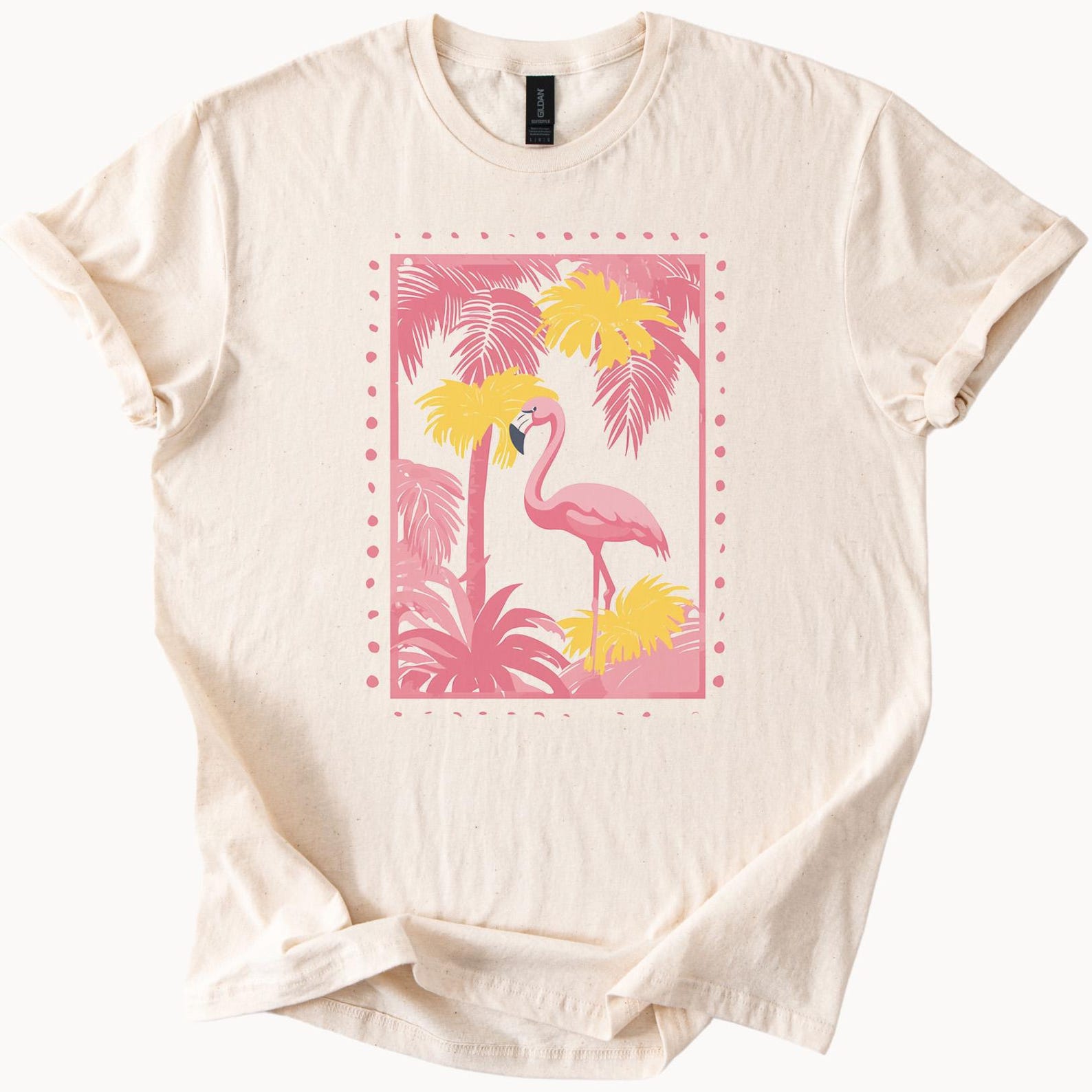 Tropical Flamingo Graphic T Shirt Palm Trees Pink Yellow Summer Beach Aesthetic Soft Cotton Tee Animal Nature Art Shirt 150