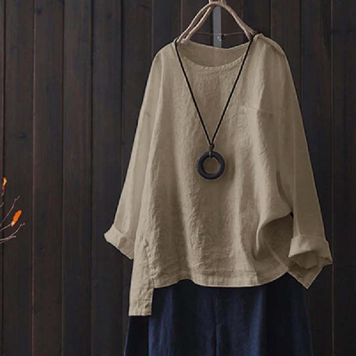 2024 Sommer Damen Baumwolle Locker sitzendes Langarm Rundhals T-Shirt