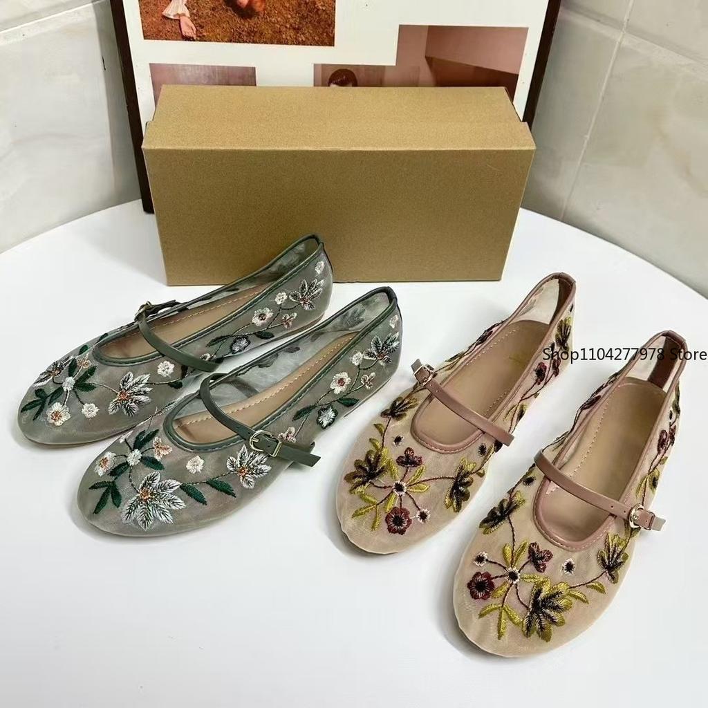 Fashion New Mesh Breathable Ballet Flats Women Luxury Designer Embroidered Flower Mary Jane Shoes Light Comfort Low Heeled Summer Flats