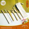 Bamboo Cutlery Set: Knife, Fork, Spoon, Straw with Chinese Cloth Bag - Available In Three or Five Pieces