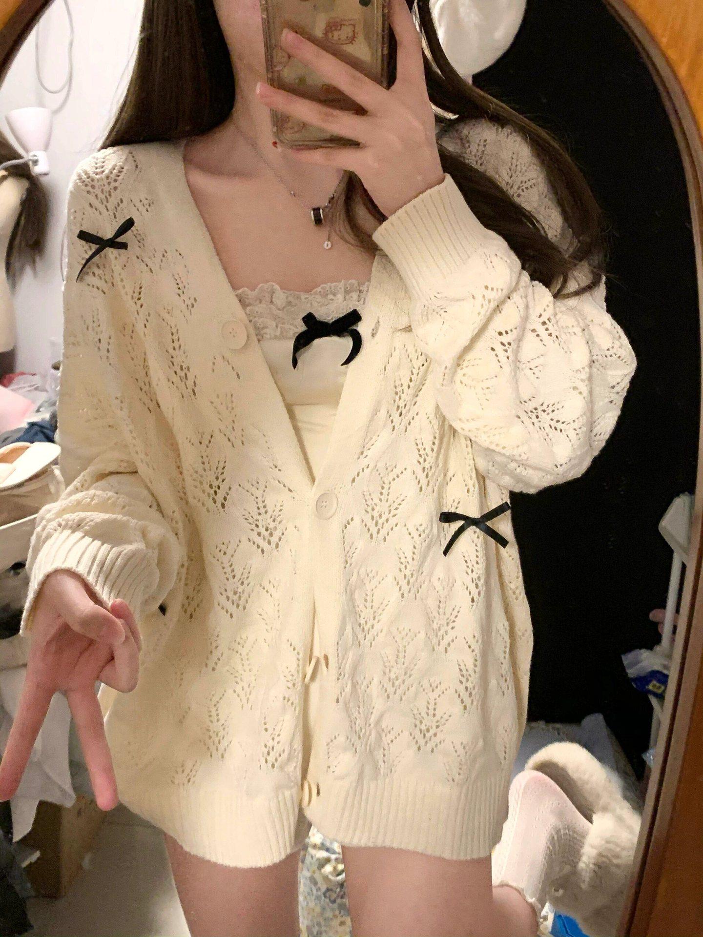 

Hollow-Out Bow Knit Cardigan - Lightweight Spring/Summer Sweater for Women S (suggested 70/90 jin) абрикосовый