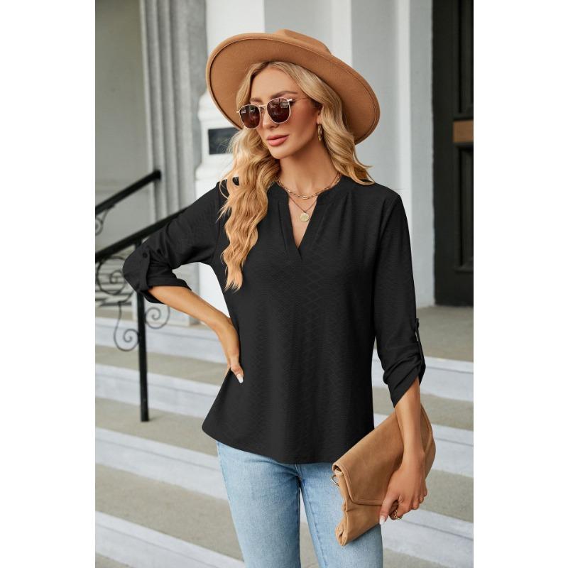 Damen Unifarben V-Ausschnitt Dreiviertelarm Locker Lässig T-Shirt Top