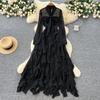 French light luxury socialite bow lace-up long-sleeved waist ruffle edge dress women's autumn thin elegant long dress