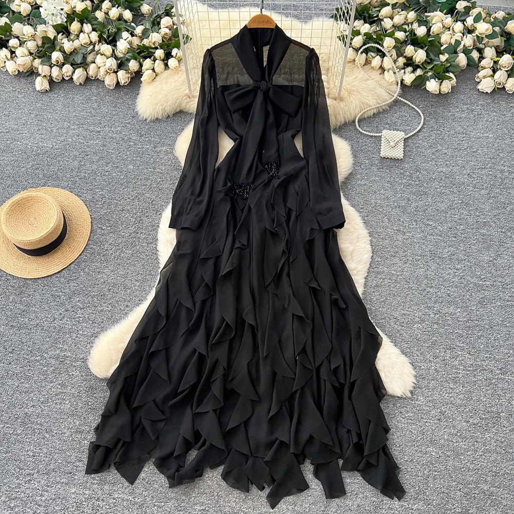 French light luxury socialite bow lace-up long-sleeved waist ruffle edge dress women's autumn thin elegant long dress