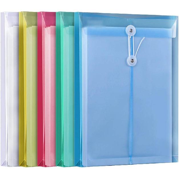 LaOficina Poly Clear Envelopes with Button String Snap Closure 1 Inch Gusset Top Opening Letter Size 5 Per Pack Assorted Color