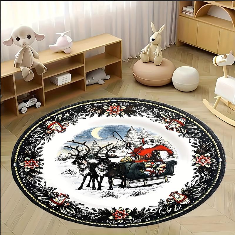 1pc Christmas Round Rugs: Santa, Snowman, Tree Designs - Festive Home Decor ,Christmas round carpet decoration..