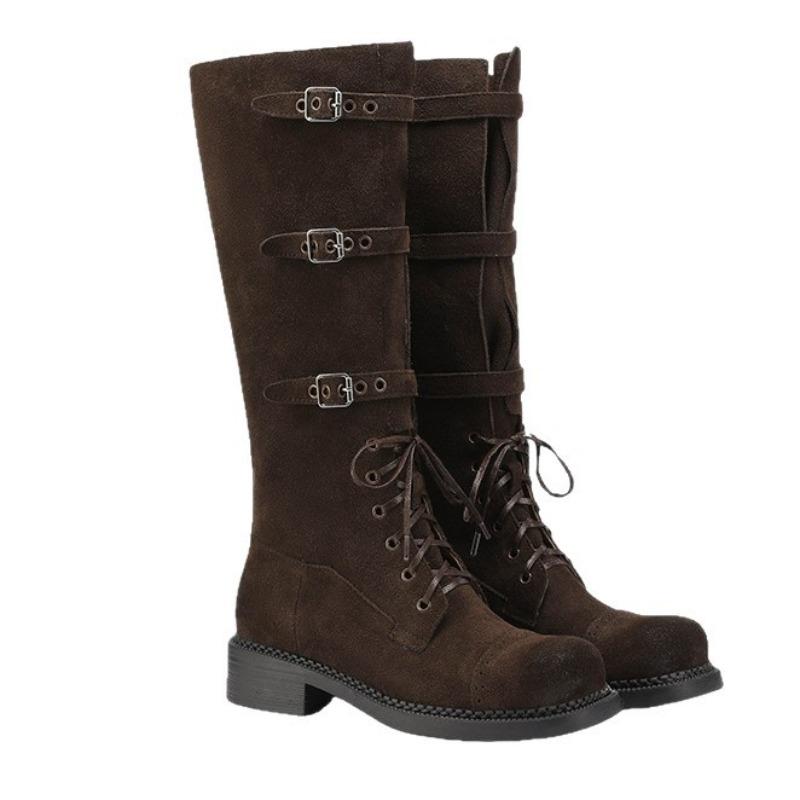 Vintage straps Western cowboy boots thick heel buckle new old Maillard tall knight Martin boots