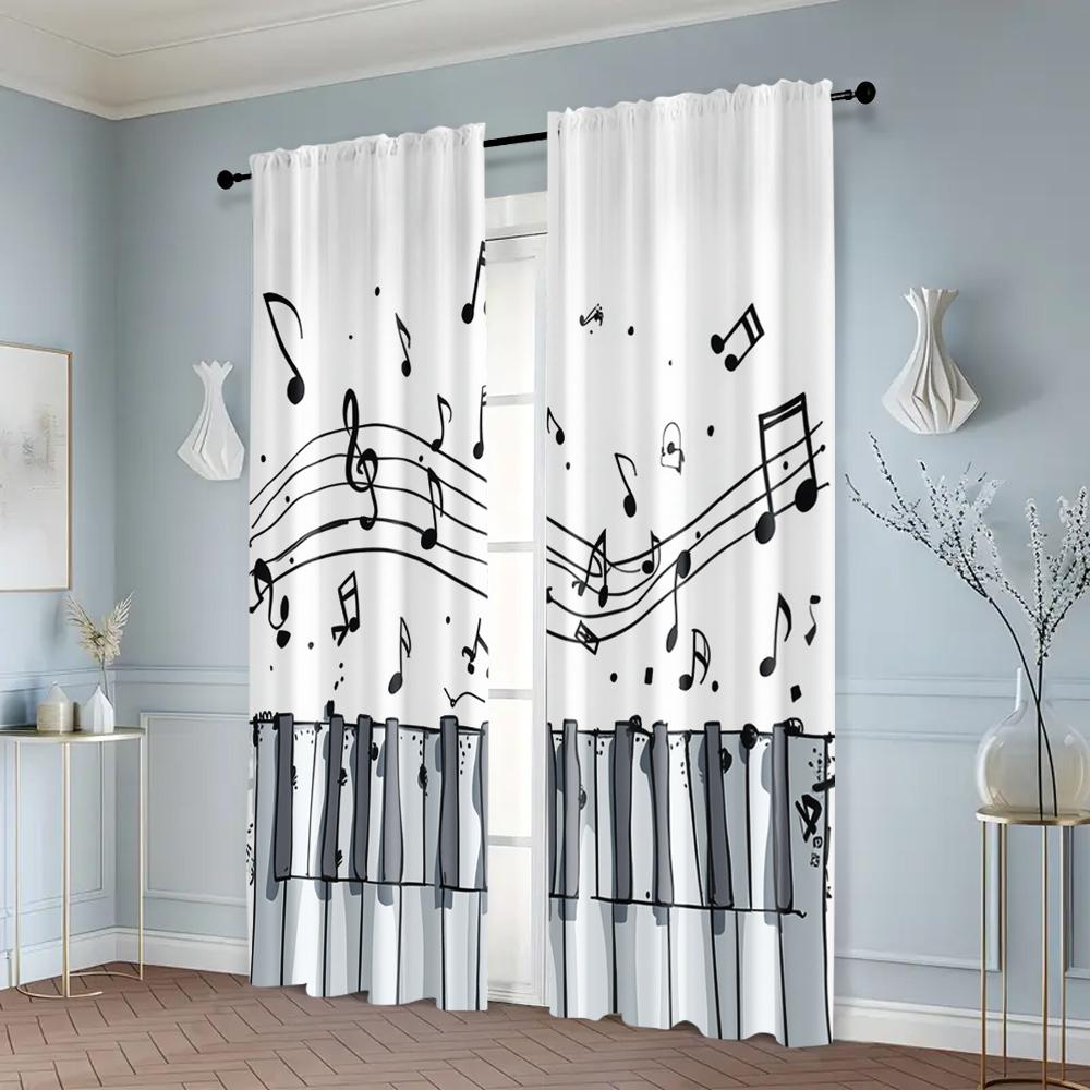 Set Of 2 Classic Curtains Piano Musical Notes Fabric Without Rod Room Decor Ldeal Bedroom Living Curtain Polyester Machine Washable Perfect For