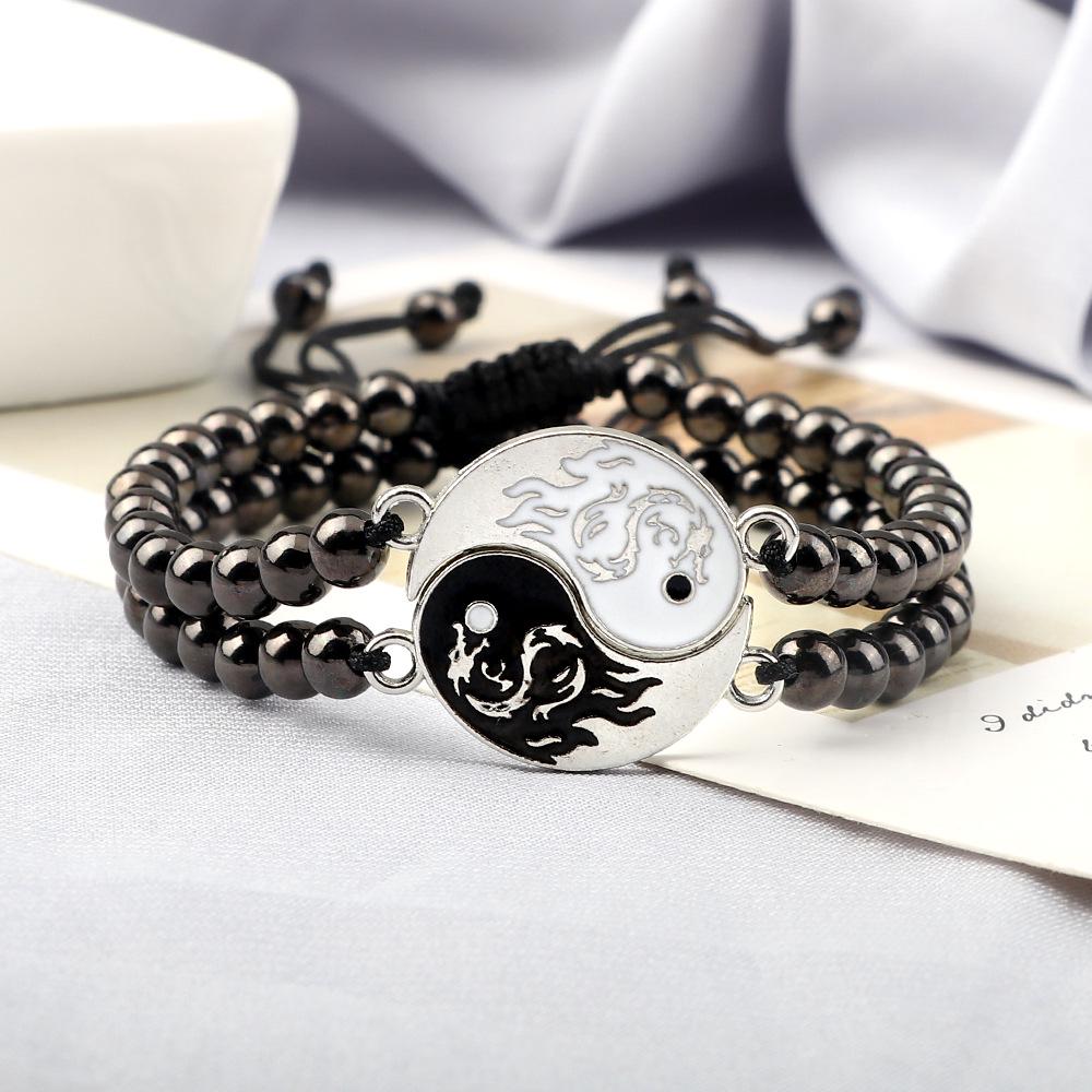 Handmade Ethnic Dragon Totem Tai Chi Bracelet Set: Yin Yang Woven Beaded String for Women & Couples