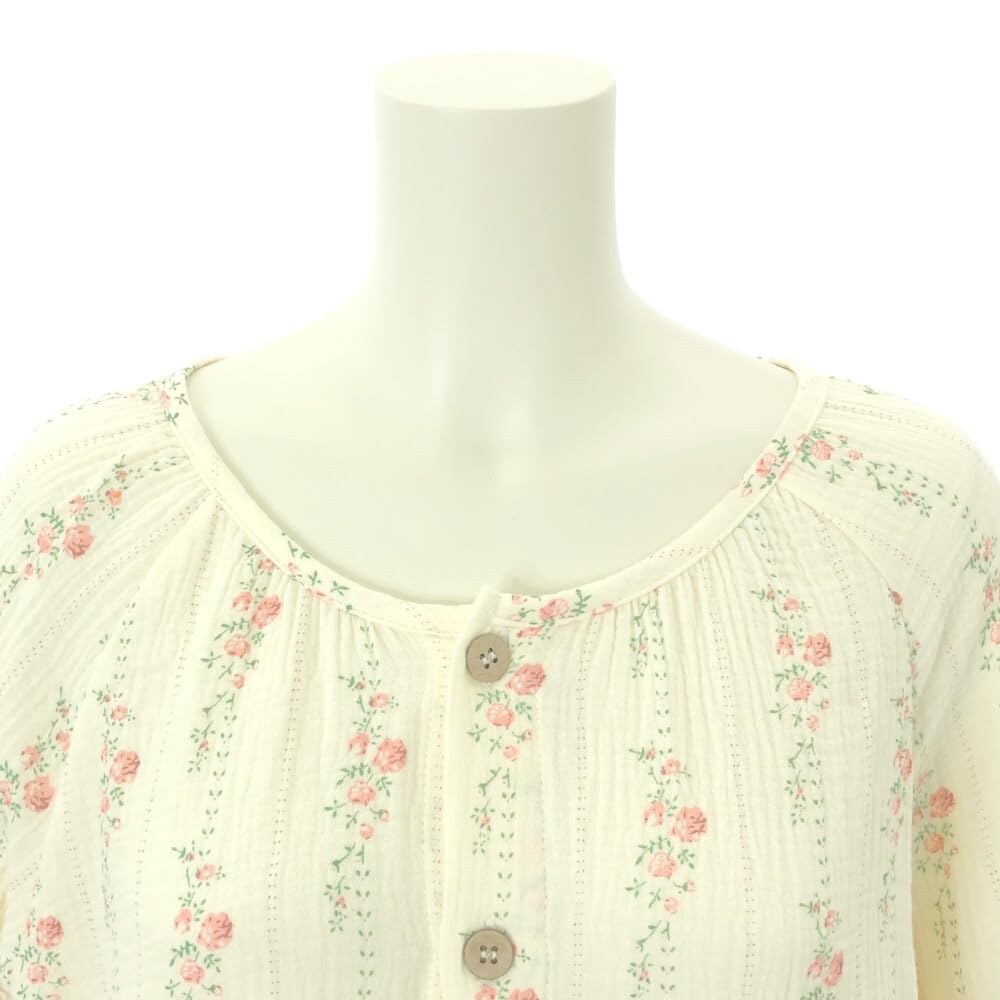 RAVIR Cotton Double Gauze Long Round Floral Ivory and Size M Women's 100% Pajamas, Sleeves, Neck, Print, Girly, Pink,