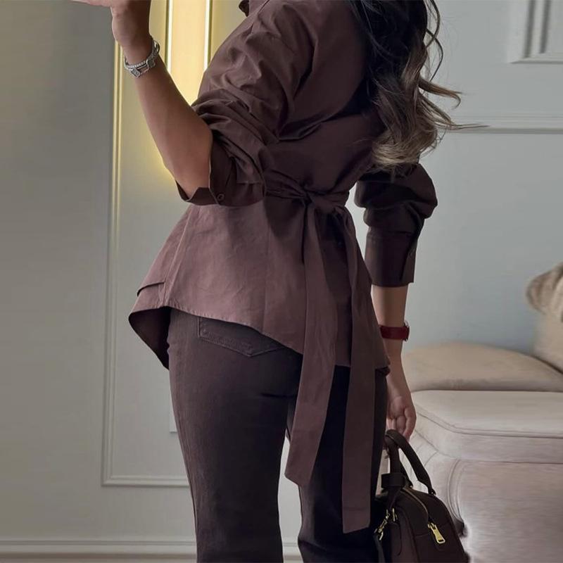 Women's 2026 Spring New Fashionable Elegant Collared Tie-Waist Solid Color Long-Sleeve Shirt Top