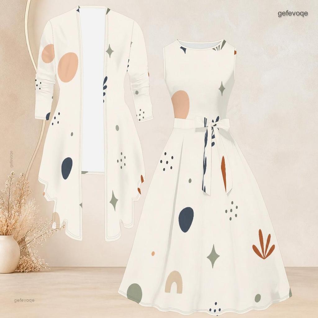 Women Plus Size Two Piece Set Sleeveless Crew Neck Tie Waist Flared Dress Long Sleeve Open Cardigan Geometric Printed Black Gold Gray