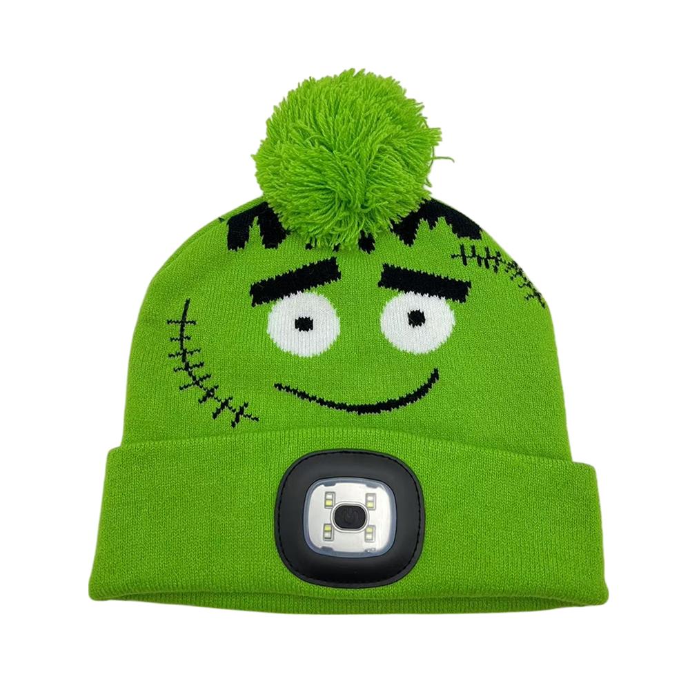 Novelty LED Beanie for Boys Factory Price Logo and Color Custom LOGO Cute Cartoon Green Knitted Hat with LED Headlamp