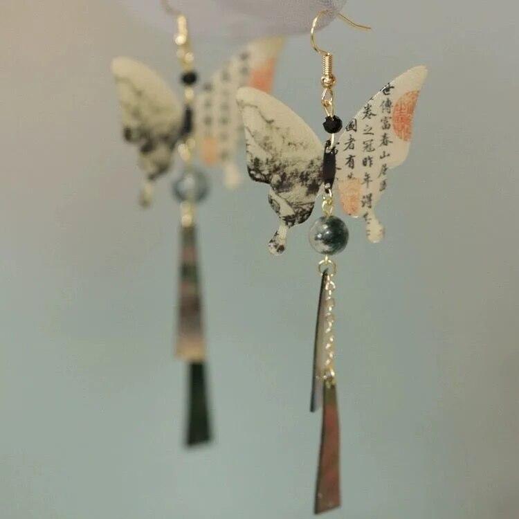 Neue chinesische Mode Tuschemalerei Schmetterling Ohrringe für weibliche alten Stil lange zarte Quaste Wassertropfen Anhänger Ohrhaken