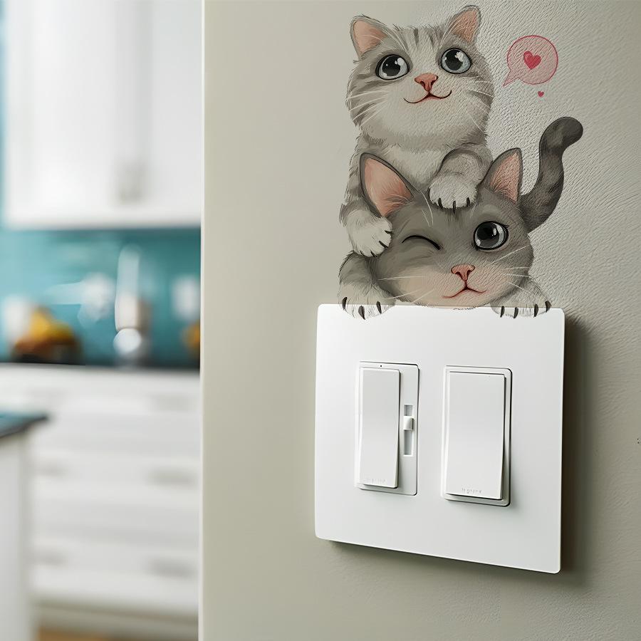 Cute Cartoon Cat Self-Adhesive Switch Stickers, Decor for Bedroom Living Room Kitchen Home Decoration