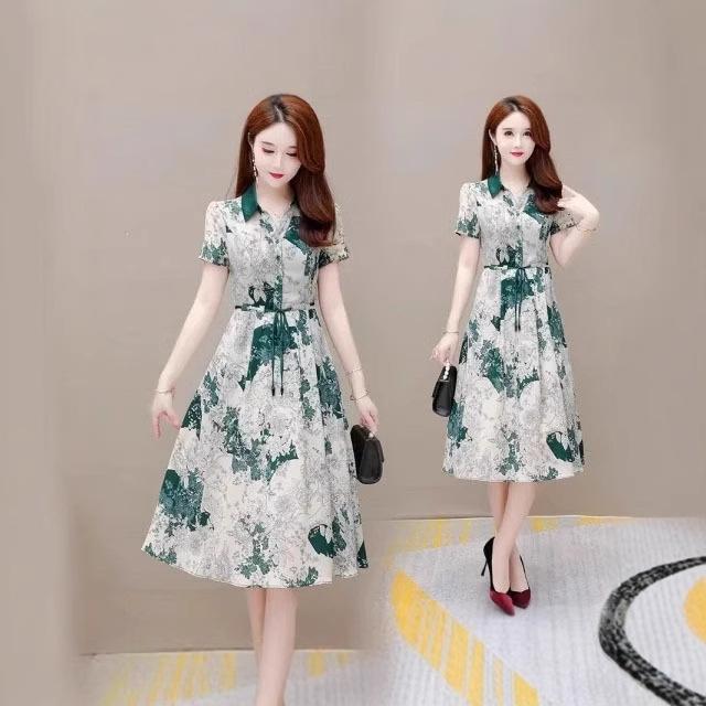Women's Peter Pan Collar Short Sleeve Milk Silk Midi Dress Loose A Line Floral Print Drawstring Waist Elegant Commute Dress