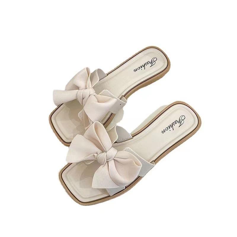 Square Toe Bow Casual Non-Slip Flat Sandals - Women's Comfortable Summer Flip Flops