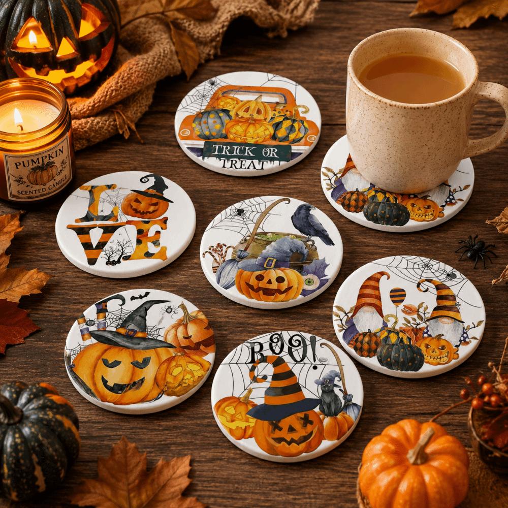 6pcs Wooden Halloween Coasters Pumpkin Heat Insulation Pad DIY Halloween Cup Mats Halloween Party