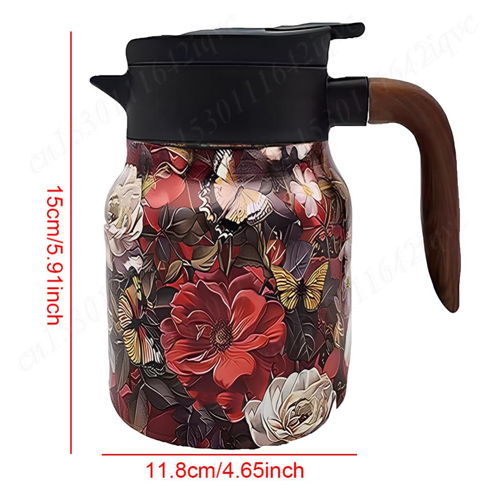 Kitchen Tea Kettle 800ml Retro Floral Tea Kettle Stainless Steel with Infuser Tea Separation Thermal Insulation Pot Wood Handle