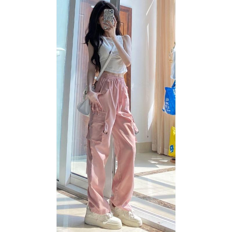 Work Pants for Women Pink Women Summer Thin High Waist Wide Legs Straight-leg Casual Sports Trousers