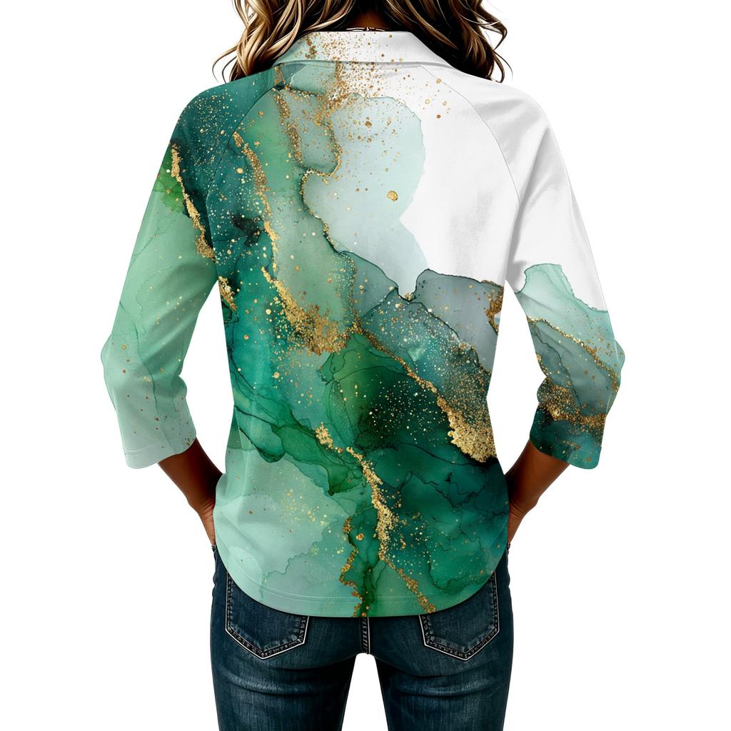 Women's Fashion Casual 3/4 Sleeve Patchwork Marble Print Shirt Button Down Collar Loose Fit Top for Everyday Wear