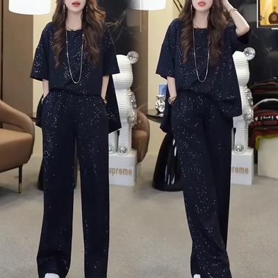 Summer Dopamine - A Complete Set of Sequined Sportswear Outfit for Women, Featuring Slimming Wide-leg Pants and A Casual Two-piece Set.